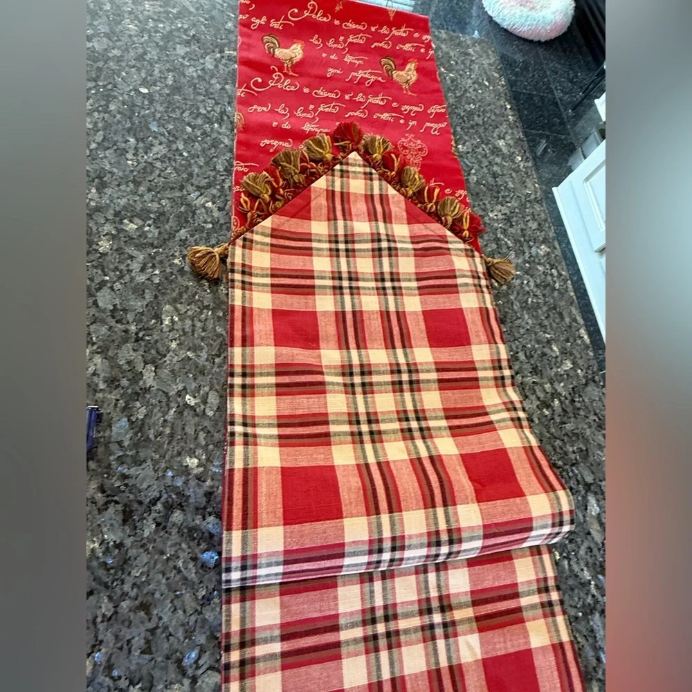 Red jacquard table runner featuring a traditional French rooster design 104x12”